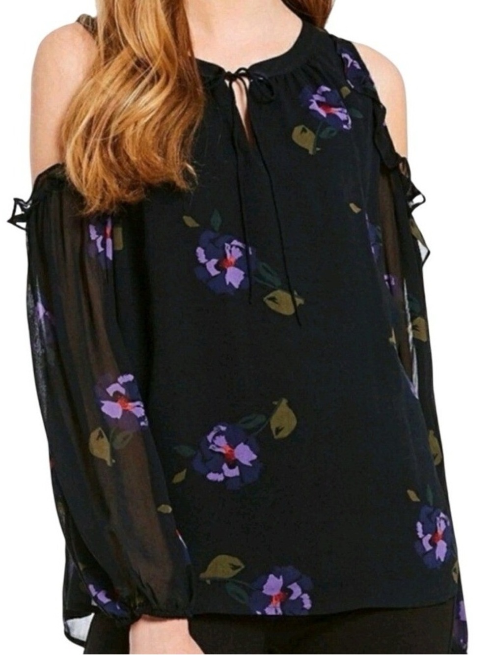 Sanctuary Black Floral Cold Shoulder Ruffle Neck Tie Blouse extra small Bohemian